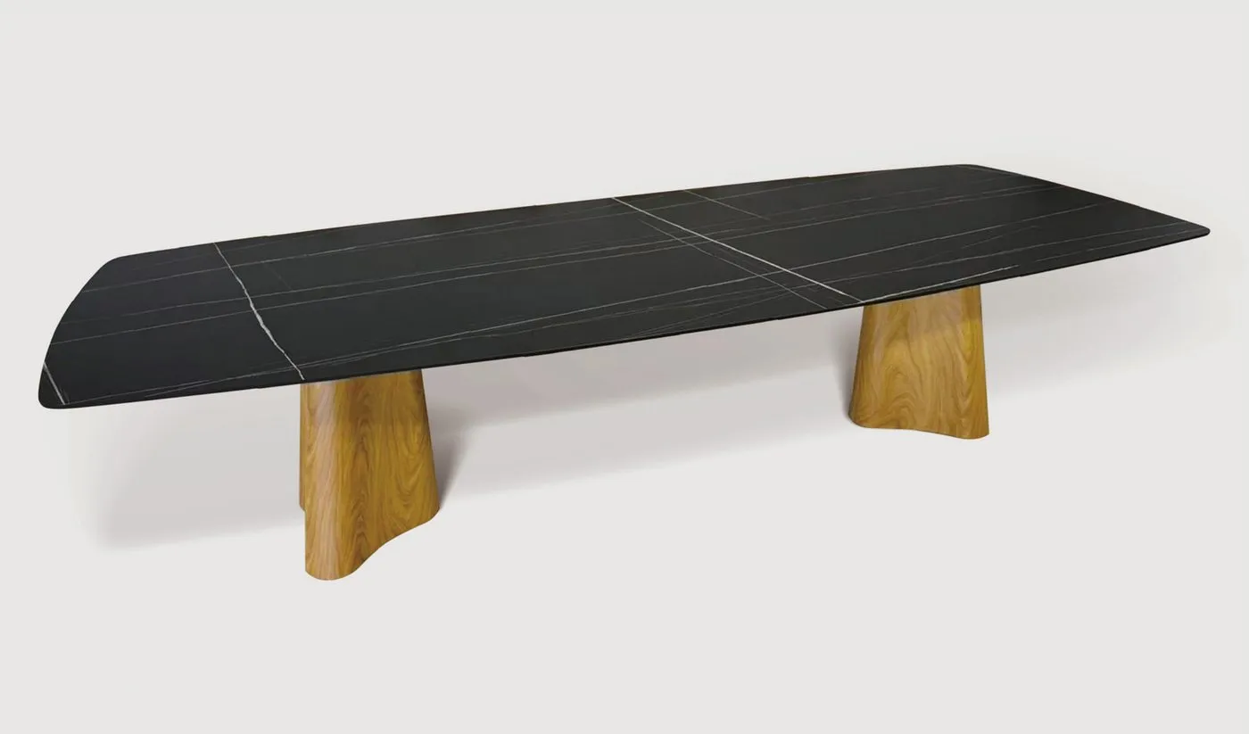 Mesa de jantar Saint Tropez — tampo em Mármore Tecnológico, base em aço carbono com Acabamento Wood Tech